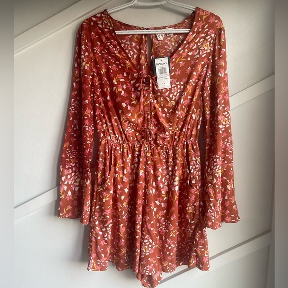 Roxy Spirit Awakes v-Neck Romper  Backed Clay Orange Floral Playsuit size S - Picture 4 of 13